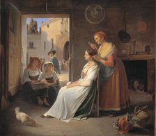 A Roman Woman Adorning Her Young Daughter, 1835. Creator: Albert Kuchler.