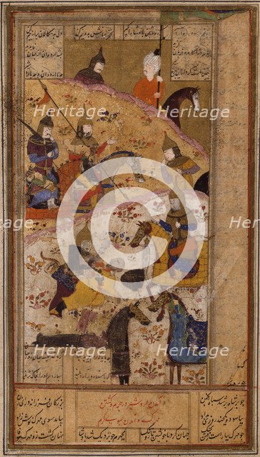 Ardashir murders the King Artabanus V of Parthia (Manuscript illumination), 16th century.