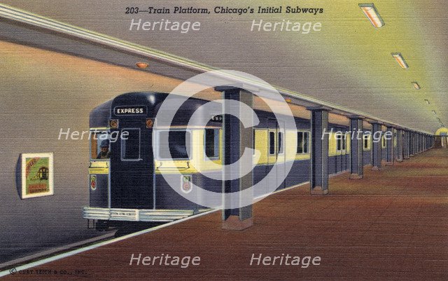 'Train Platform, Chicago's Initial Subways', postcard, 1941. Artist: Unknown