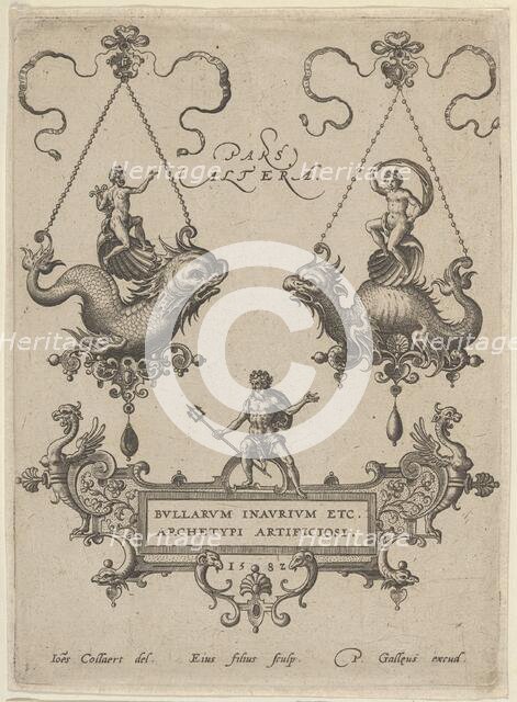 Title Plate with Two Pendant Designs Above and Neptune Standing on a Cartouche Below, 1582. Creator: Adriaen Collaert.