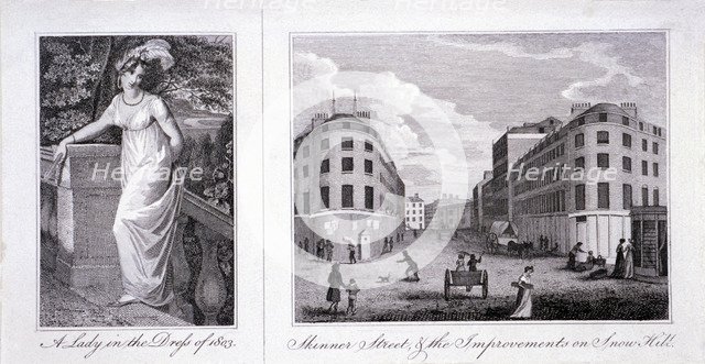 Woman in a dress and London street scene, 1803.   Artist: Anon