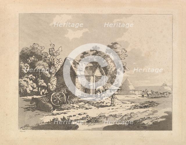 Landscape with Figures Storing Hay in a Barn, a Cart and Horse Lying Down at Left, 1783-84. Creator: Thomas Rowlandson.