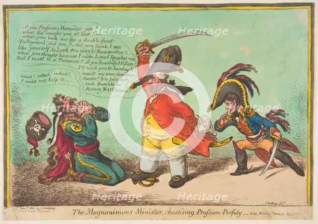 The Magnanimous Minister, Chastising Prussian Perfidy.-vide-Morning Chronicle April..., May 2, 1806. Creator: James Gillray.