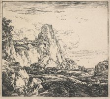 Eight landscapes. Plate 6. Mountainous landscape with tall cliffs, 1640-51. Creator: Herman Naiwincx.