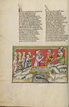 Moses Driving Away the Shepherds at the Well in Midian; Weltchronik, about 1400-1410. Creator: Unknown.