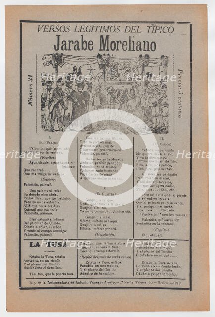 Broadsheet with songs for a Mexican courtship dance called the 'Jarabe Mor..., ca. 1919 (published). Creator: José Guadalupe Posada.