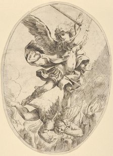 The winged archangel Saint Michael holding a sword and standing on the head of the devil, 1600-1640. Creator: Anon.