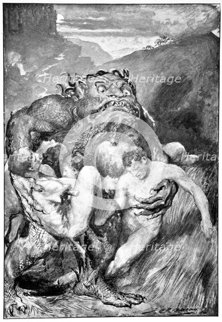 'The Daemon of evil, with his fierce ravening, greedily grasped them', 1910.  Artist: John Henry Frederick Bacon