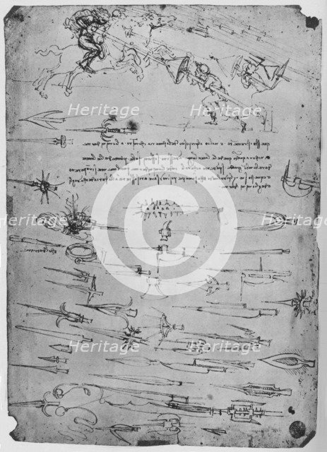 'Studies of Foot-Soldiers Attacking Horsemen with Lances to Which Shields', c1480, (1945) Artist: Leonardo da Vinci.