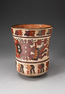 Beaker Depicting Costumed Ritual Performer with Abstract Trophy Heads, 180 B.C./A.D. 500. Creator: Unknown.