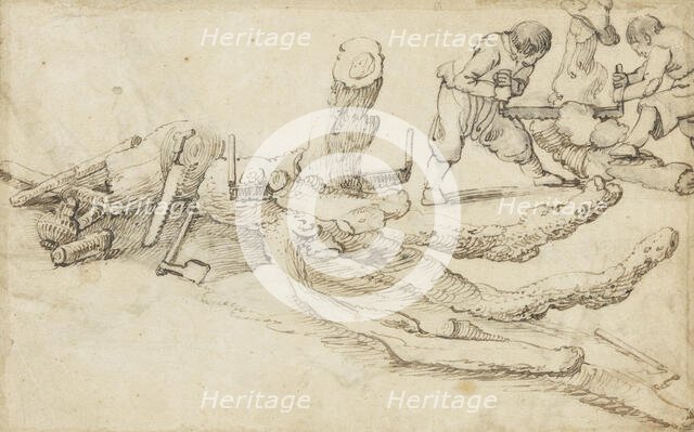 Woodcutters Cutting up Tree Trunks. Creator: Jan van de Velde II.
