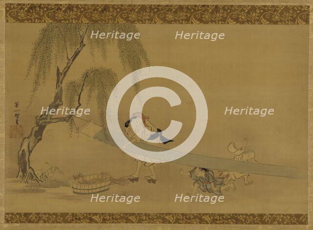 Woman stretching cloth to dry; two children at play, Edo period, late 17th-early 18th century. Creator: Hanabusa Itcho.