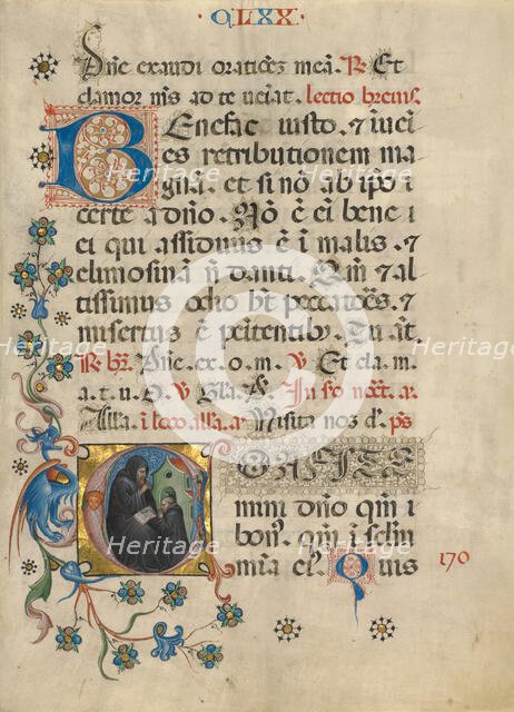 Initial C: Saint Benedict Blessing Maurus; Noted Breviary, about 1420. Creator: Unknown.