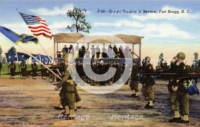 Troops passing in review, Fort Bragg, North Carolina, USA, 1945. Artist: US Army Signal Corps