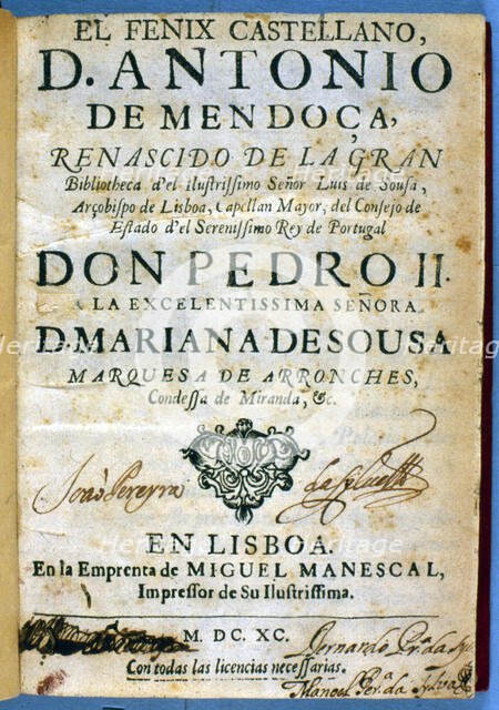 Cover of the work 'El fenix castellano' (The Castilian phoenix), 1690. Creator: Hurtado de Mendoza, Antonio (1586-1644).