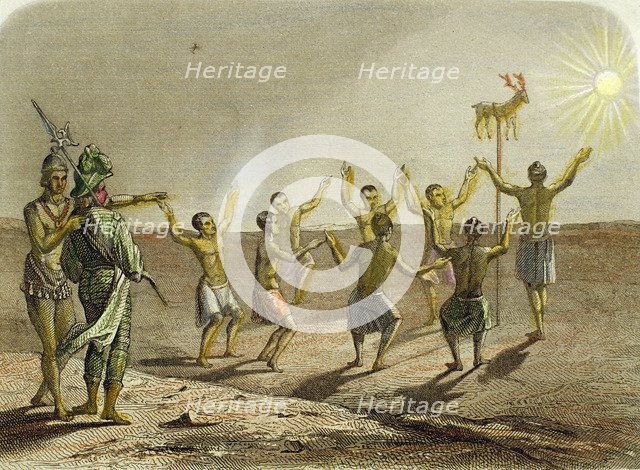 Sacrifice to the sun of a deer, placed on a pole, by the Indians of Florida, engraving from 1850.