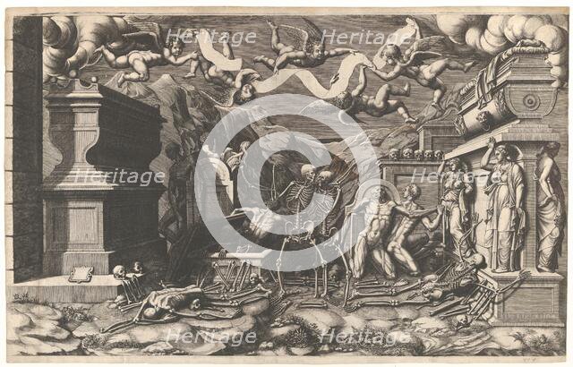 The Vision of Ezekiel; a group of corpses and skeletons emerging out of tombs, above them ..., 1554. Creator: Giorgio Ghisi.