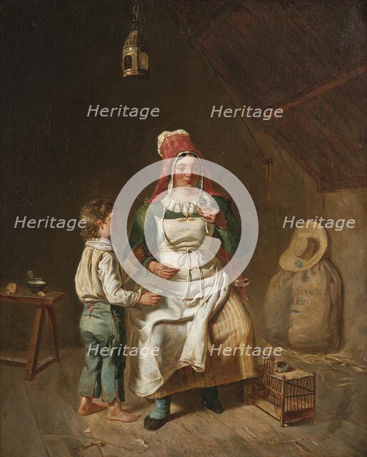 Mother and son with a bird. Creator: Anna Geneviève Greuze.