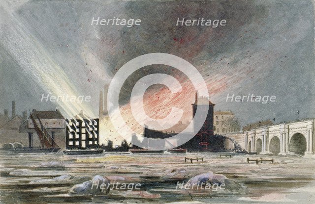 Destruction of Sir C Price's oil warehouse and wharf, William Street, Blackfriars, London, 1845. Artist: Anon