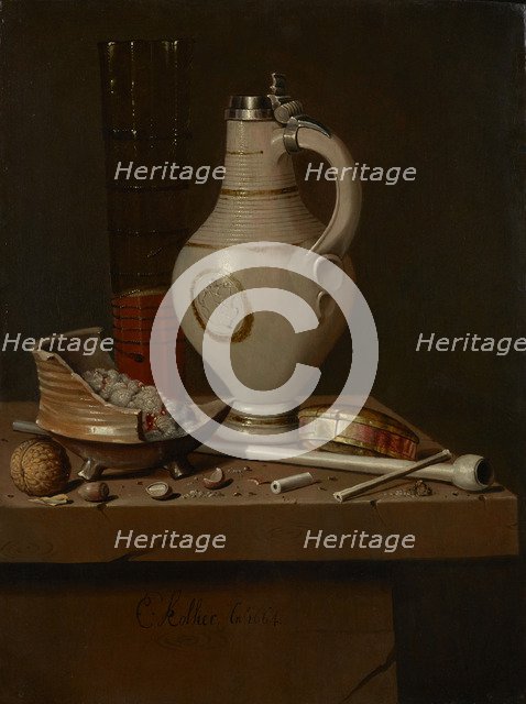 Still life with smoking utensils and beer mug, 1664. Artist: Collier, Edwaert (1642-1708)