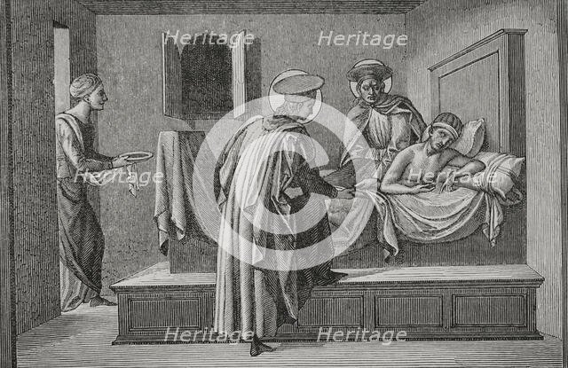 St Cosmas and St Damian visiting a sick person and administering aid, 1877.  Creator: Jules Jean Marie Joseph Huyot.