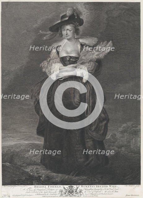 Portrait of Helena Fourment, Rubens' second wife, wearing a fur coat over her shoulders, 1767. Creators: Richard Earlom, T Chambars.