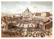 Pontifical ceremonies. Benediction urbi et orbi in Saint Peter's square. Color engraving from 1871.
