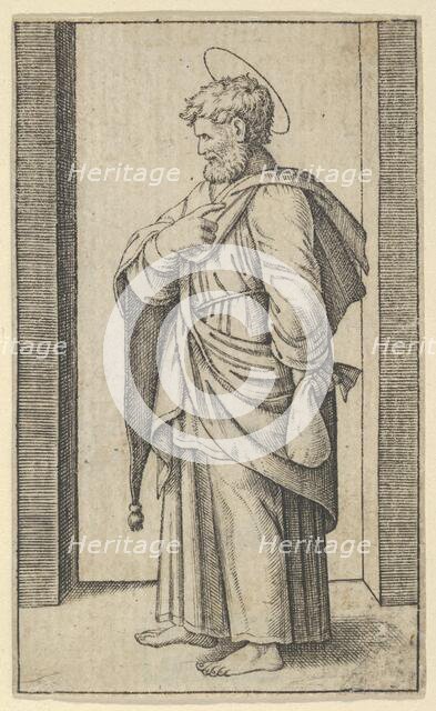 Saint Matthew, a small sack in his left hand, from the series 'Piccoli Santi' (Sm..., ca. 1500-1527. Creator: Marcantonio Raimondi.