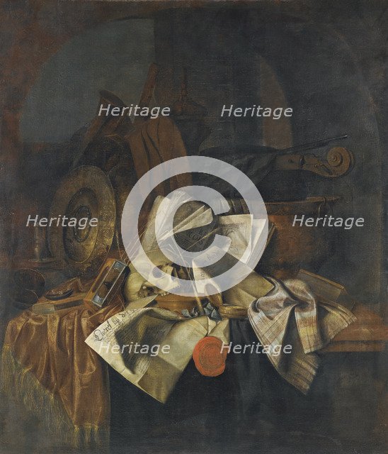 Vanitas still life with a skull, a shield, an hour glass, books and papers on a tabletop.