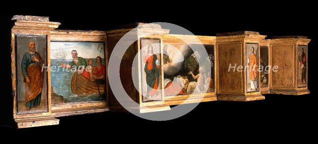 Predella with three scenes of St Roch, and figures of St Peter, Christ as Salvator Mundi... Creator: Unknown.