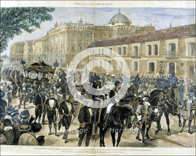 Driving the corpse of Queen Maria of Mercedes Orleans to the North Station' Juan Camba drawing, e…