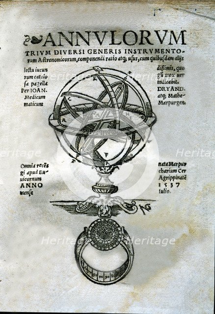Annulorum, cover of the work with the engraving of an Armillary Sphere, 1537 edition.