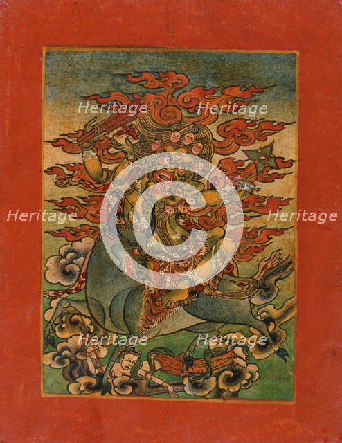 Yellow Yama (?) and Consort on Bull, Nyingmapa Buddhist or Bon Ritual Card, 18th-19th century. Creator: Unknown.