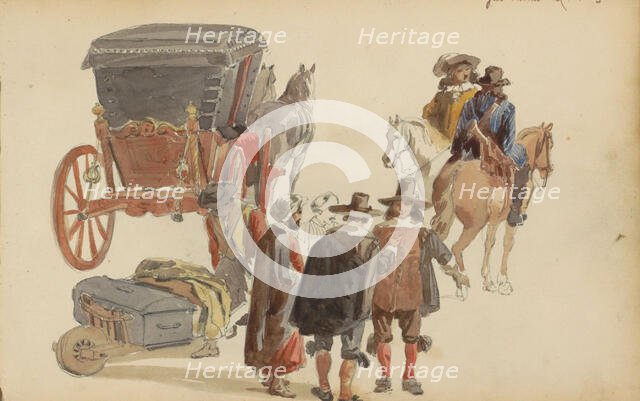 Carriage and figures in seventeenth-century clothing, c. 1846-c. 1882. Creator: Cornelis Springer.