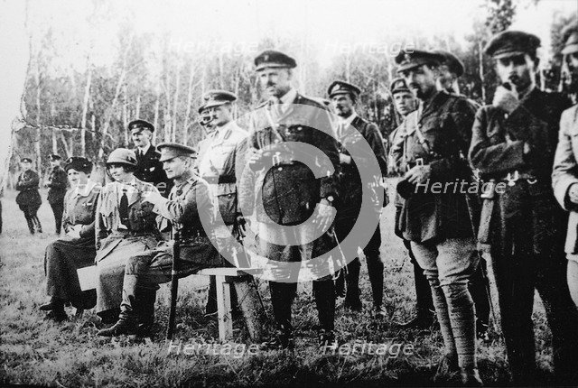 Admiral Alexander Kolchak (sitting) with British officers on the Eastern Front, Russia, 1918. Artist: Anon