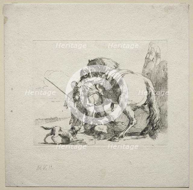 Various Caprices: The Cavalier Mounting his Horse, 1785. Creator: Giovanni Battista Tiepolo (Italian, 1696-1770).