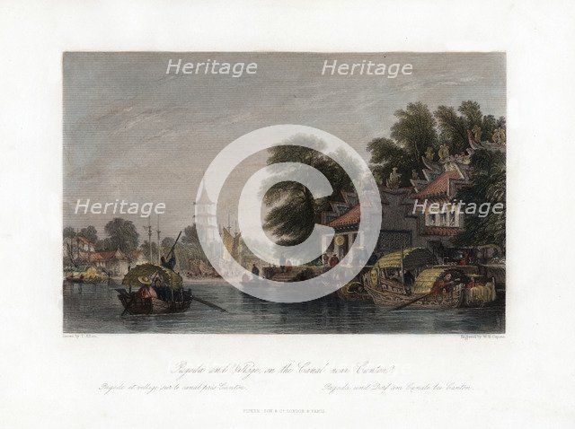 'Pagoda and Village, on the Canal near Canton', China, c1840.Artist: WH Capone
