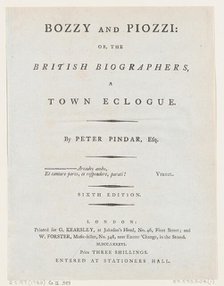 Title Page, from Bozzy and Piozzi by Peter Pindar, Esq., 1787. Creator: George Kearsley.