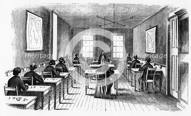 Morse telegraph operating room, Cincinnati, Ohio, USA, 1859. Creator: Unknown.