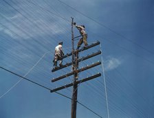 Men working on telephone lines, probably near a TVA dam hydroelectric plant, 1942. Creator: Alfred T Palmer.