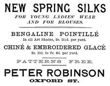 Advertisement for Peter Robinson, New Spring Silks, 1895. Creator: Unknown.