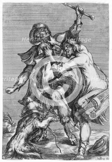 Hurdy-Gurdy Player Attacking a Pilgrim, c1614. Creator: Jacques Bellange.