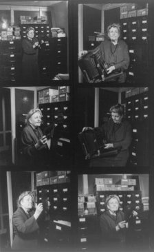 Composite of 6 contact photoprints of Frances Benjamin Johnston in her office..., 1940s. Creator: Frances Benjamin Johnston.