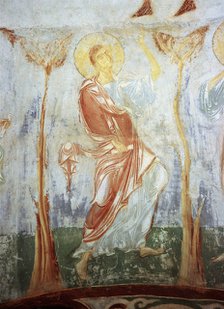 Thomas the Apostle. Fresco of the St. George's Church, Staraya Ladoga, 12th century.