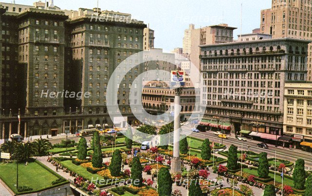 Union Square, showing the St Francis Hotel, San Francisco, California, USA, 1957. Artist: Unknown