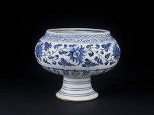 Blue-and-white stem bowl with lotus flowers and mandarin ducks, mid-14th century. Artist: Unknown.