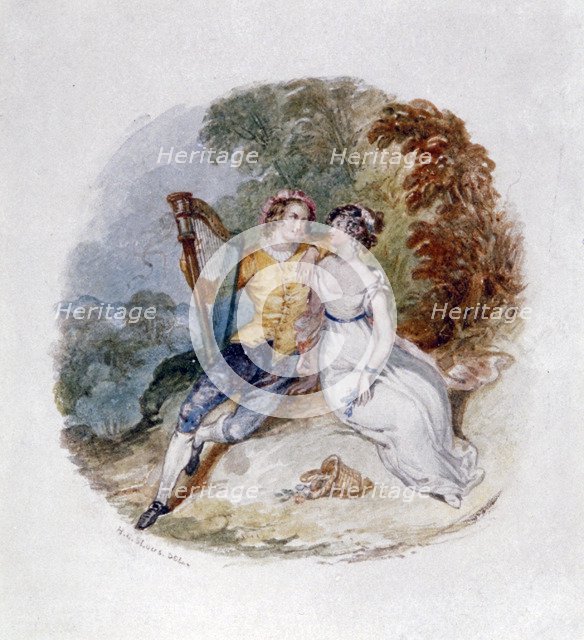 'Two Lovers on a Bank with a Harp', 19th century.         Artist: Henry Courtney Selous