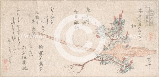 Young Pine Tree and Handle of a Plow, 19th century., 19th century. Creator: Shinsai.