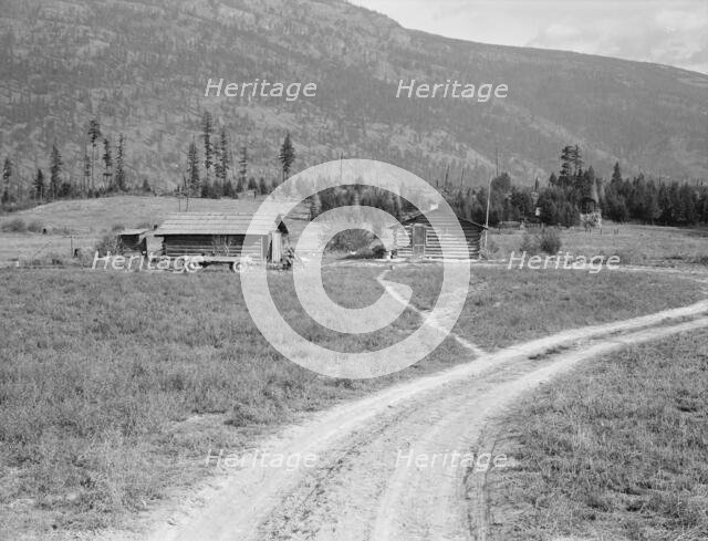 Log buildings and cleared land on FSA borrower's place, Boundary County, Idaho, 1939. Creator: Dorothea Lange.