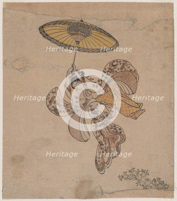 Young Woman Jumping from the Kiyomizu Temple Balcony with an Umbrella as a Parachute , 1765.